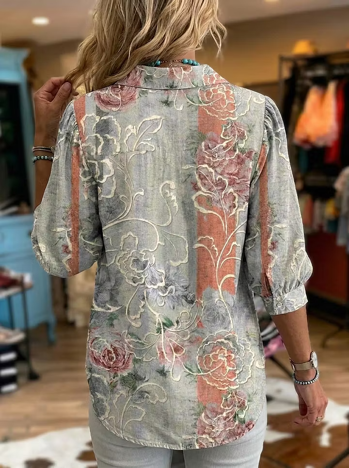 Women's Retro Floral Casual Puff Sleeve Denim Shirt