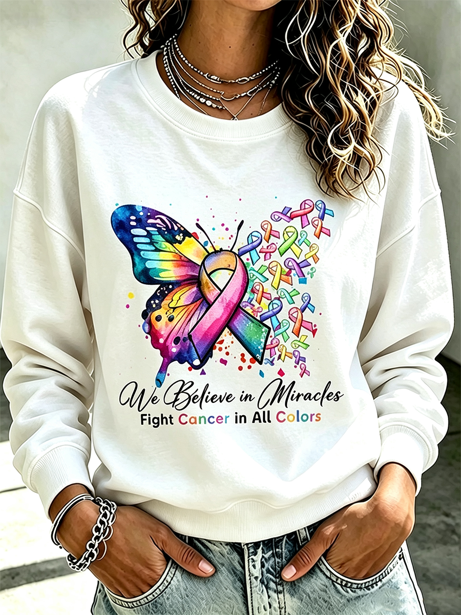 Women'S Casual Cancer Promotion Month Multi Color Round Neck Top