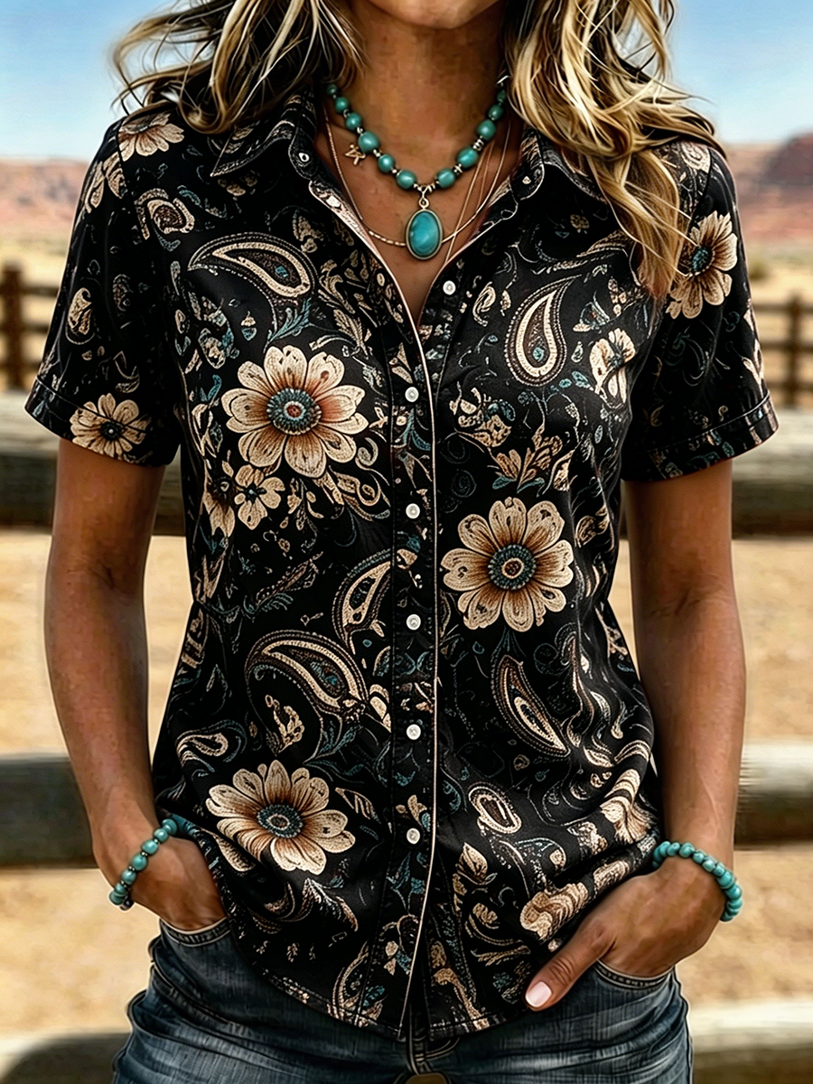 Women's Boho Paisley Floral Print Western Short Sleeve Button Up Shirt