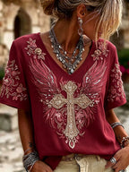Ladies' V-Neck Cotton Linen Short Sleeved Flower Wing Cross Pattern