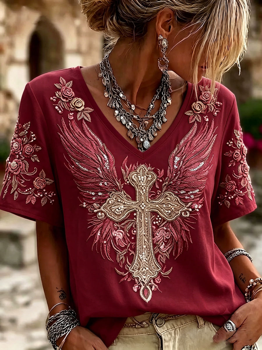 Ladies' V-Neck Cotton Linen Short Sleeved Flower Wing Cross Pattern