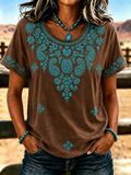 Women's Retro Ethnic Art Printed Round Neck T-Shirt
