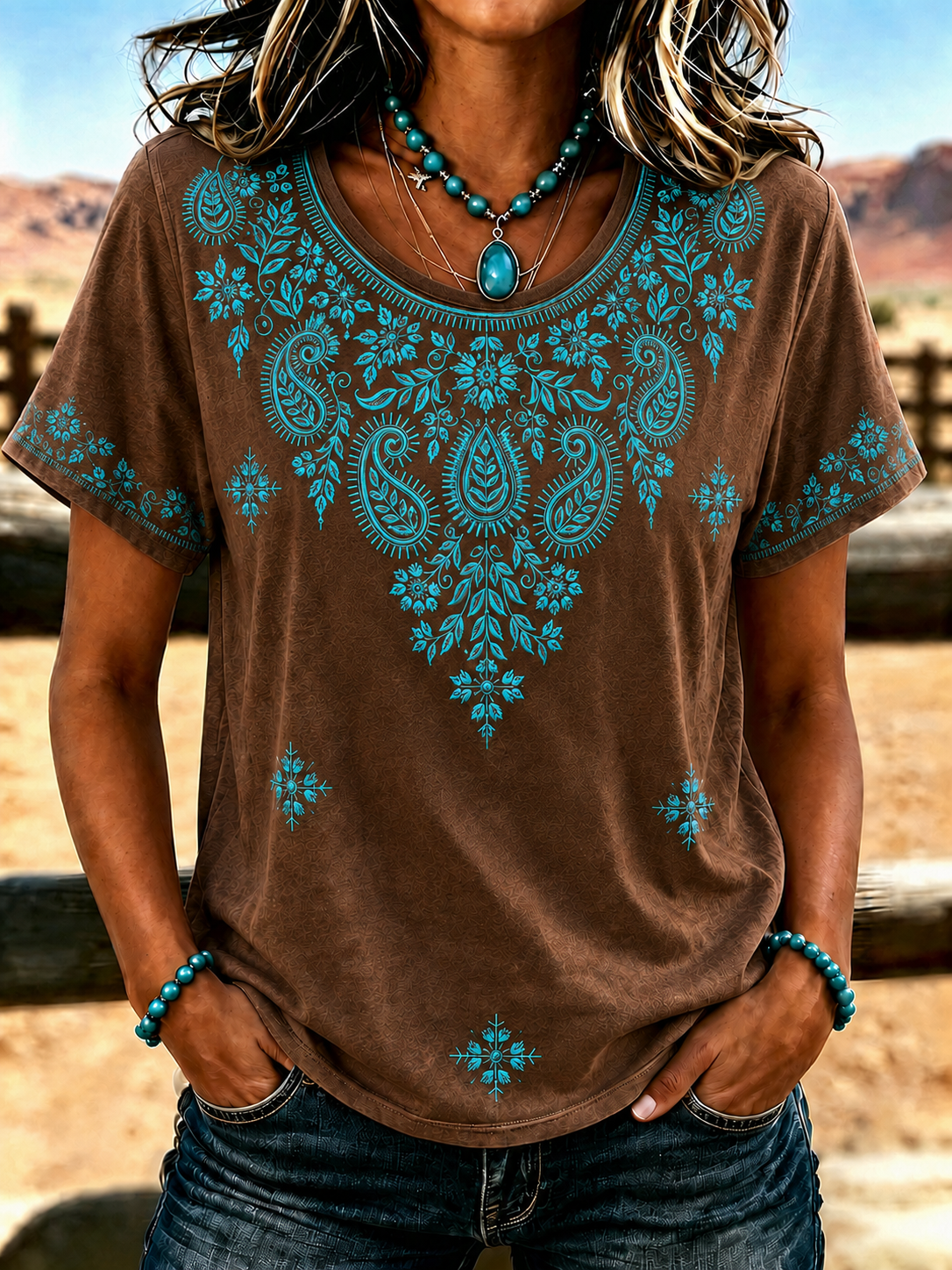 Women's Retro Ethnic Art Printed Round Neck T-Shirt