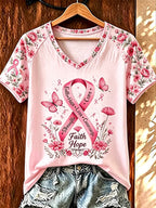 Women'S Casual Retro Breast Cancer Ribbon Print T-Shirt