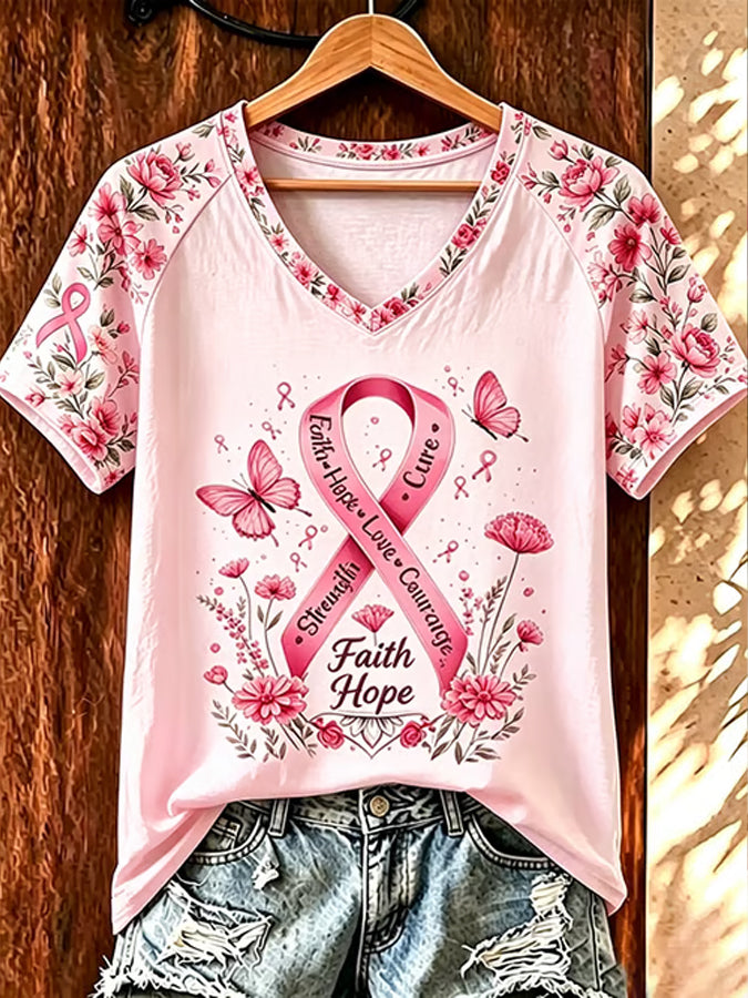 Women'S Casual Retro Breast Cancer Ribbon Print T-Shirt