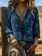 Women's Western Blue Floral Lace-Up Ruffled Blouse