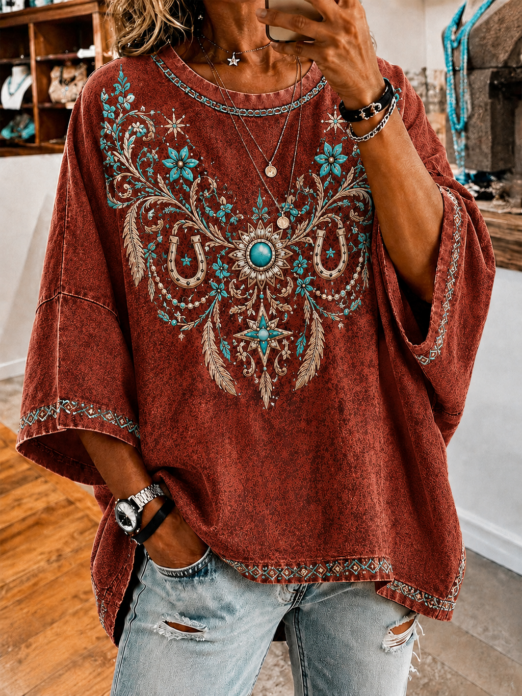 Women'S Vintage Denim Print Loose Top