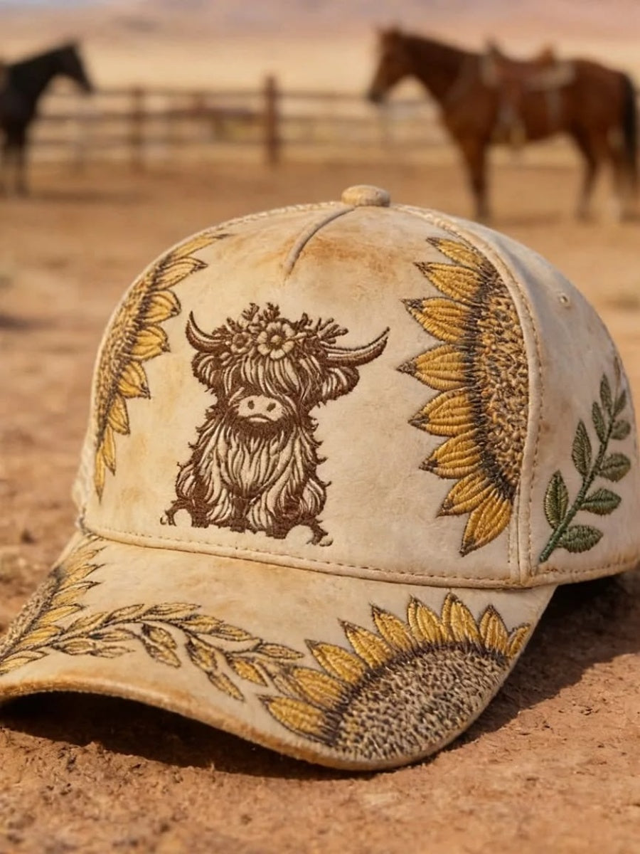 Retro Western Highland Cow Floral Print Hat