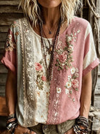 Vintage Boho Floral Print Women's Linen T-Shirt