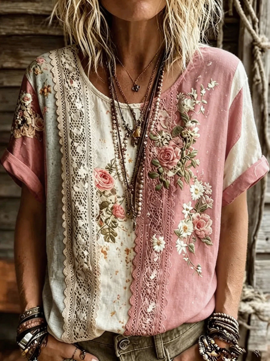 Vintage Boho Floral Print Women's Linen T-Shirt