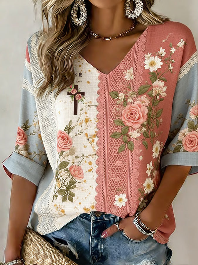 Women'S Casual Floral Cross Print V-Neck T-Shirt