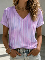 Women's Breast Cancer Awareness Striped Watercolor Printed V-Neck T-shirt