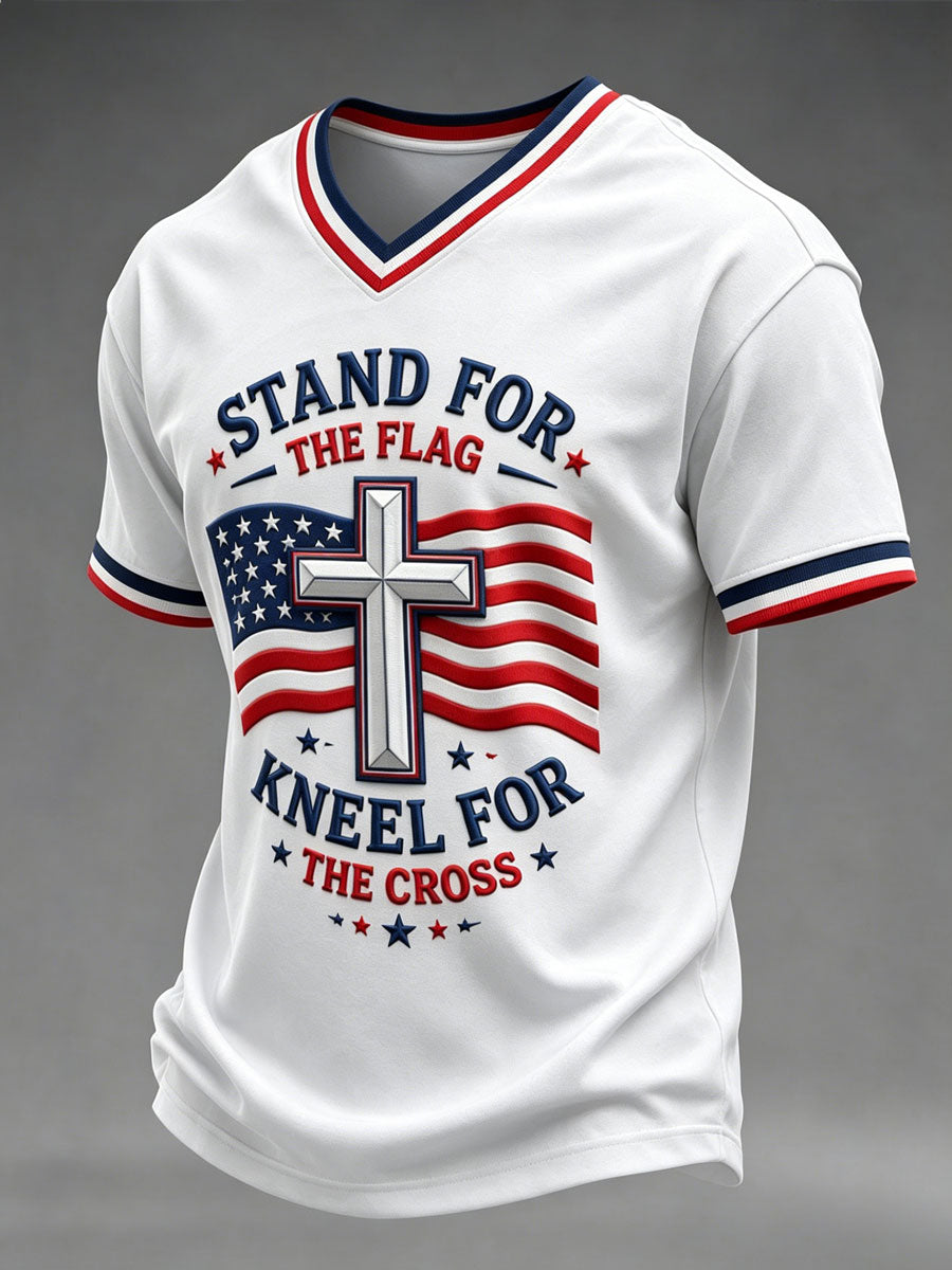 Men's STAND FOR THE Flag KNEEL FOR THE Cross V-neck T-shirt