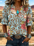 Vintage Art Western Puff Sleeve Cotton Linen Casual Shirtrt