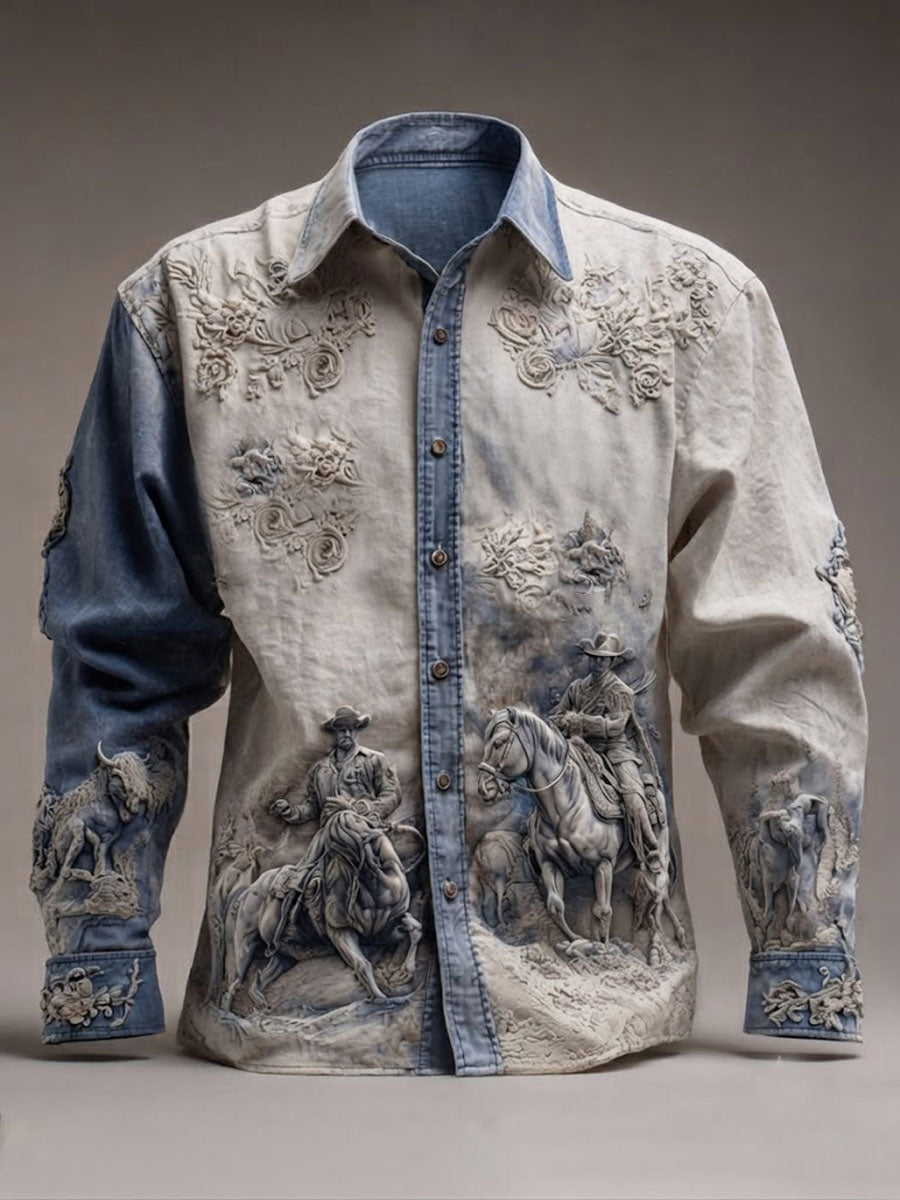 Men'S Western Style Ethnic Print  Pattern Long Sleeved Shirt