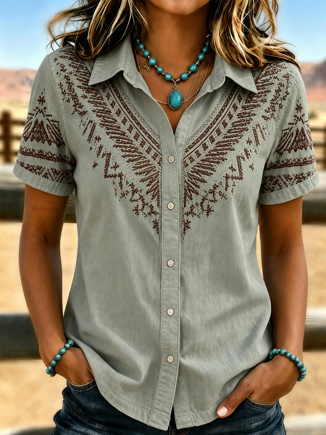 Women's Retro Western Style Printed Short Sleeved Shirt