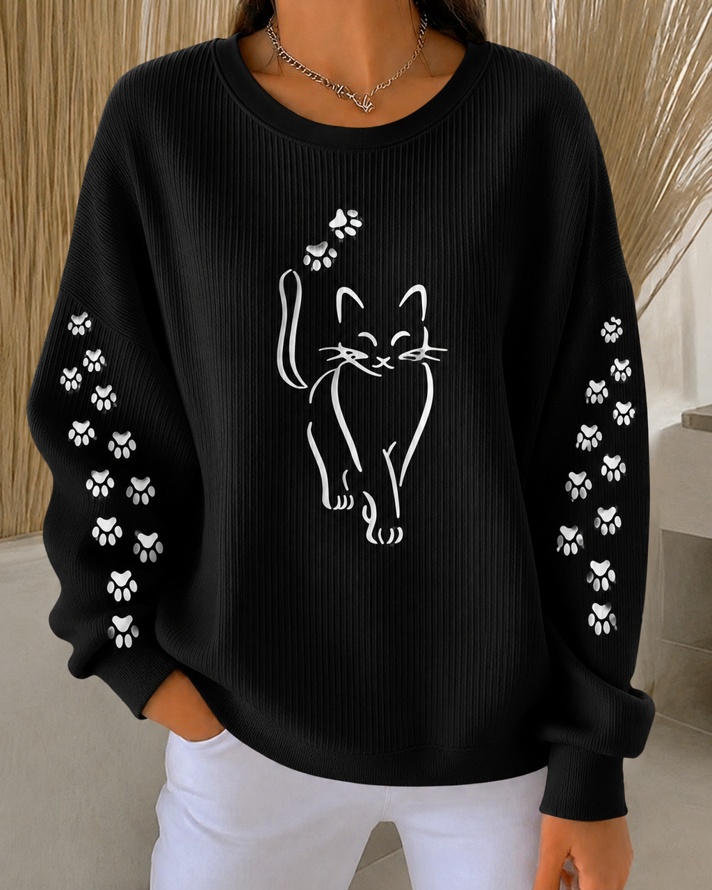 Women'S Cat Paw Print Casual Round Neck Long Sleeved Sweatshirt