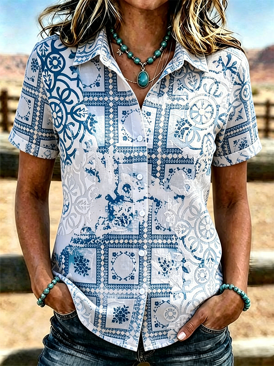 Women's Western Blue Geometric Tile Print Collared Short Sleeve Button Down Shirt
