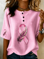 Women'S Breast Cancer Awareness Print Henry Neck Short Sleeve Waffle T-Shirt