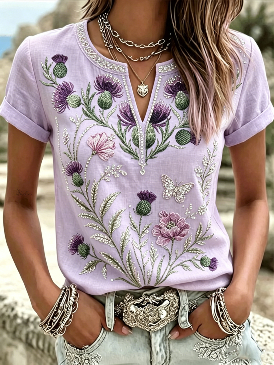 Women's casual cotton and linen short sleeved shirt