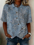 Women'S Cotton And Hemp Faith Flower Art Button Design Casual Printed Top