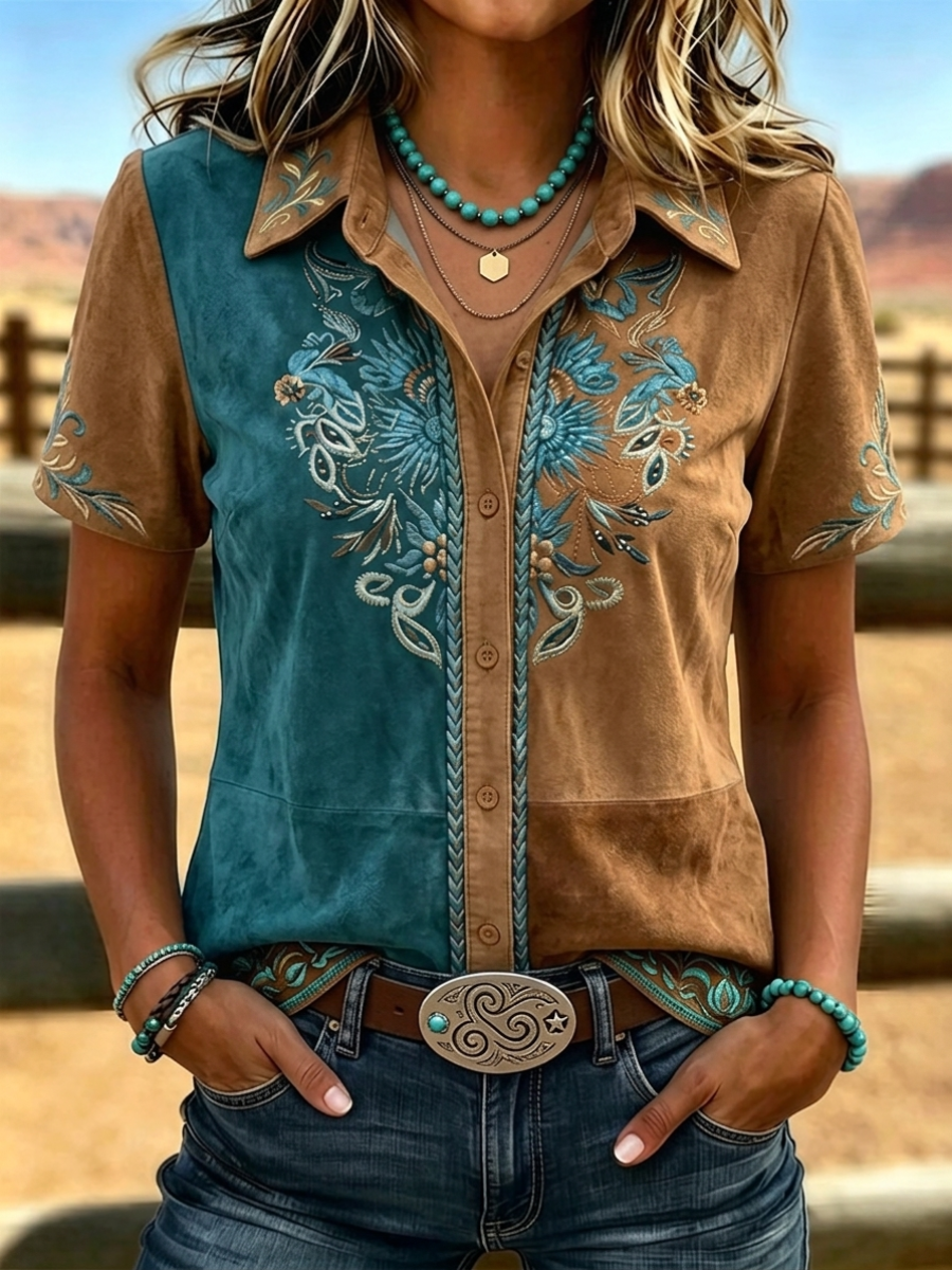 Women's Vintage Cowgirl Down Country Concert Short Sleeve Tops Shirt