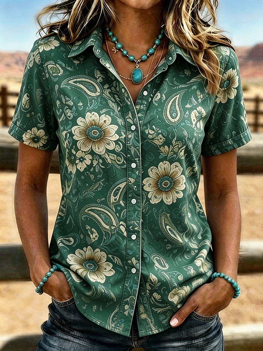 Women's Boho Paisley Floral Print Western Short Sleeve Button Up Shirt