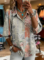 Women's Retro Floral Casual Puff Sleeve Denim Shirt