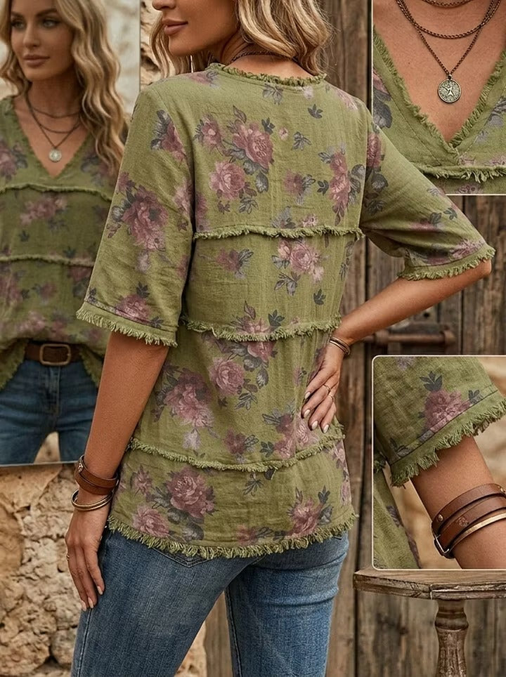 Vintage Floral Print Patchwork Cotton Linen Shirt