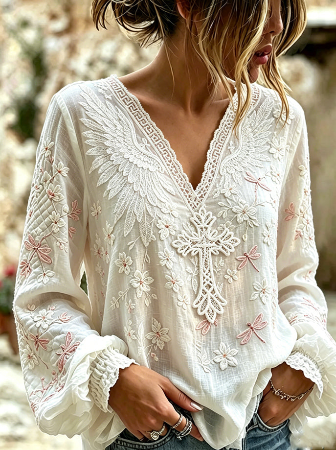 Women'S Faith Flower Printed Casual Splicing Lace Round Neck Top