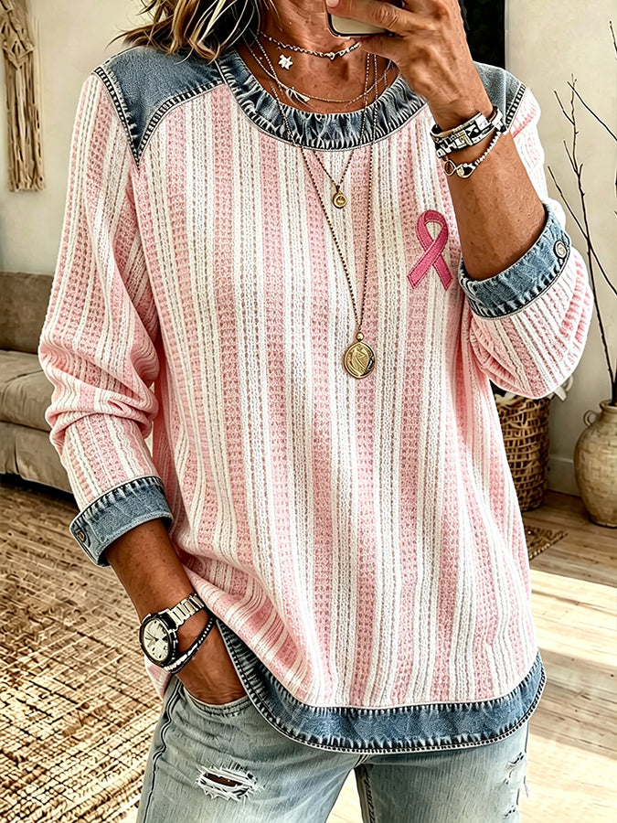 Women'S Casual Striped Waffle Top