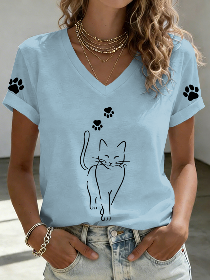 Women'S Cat Print Printed T-Shirt