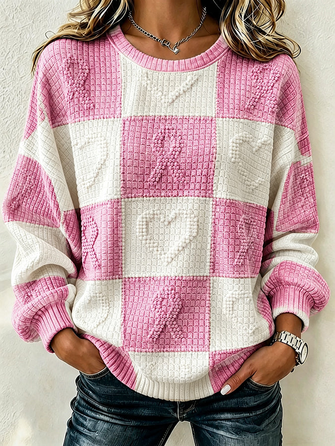 Women's Pink Art Print Crew Neck Check Sweatshirt