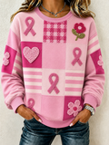 Women'S Pink Art Print Crew Neck Check Sweatshirt