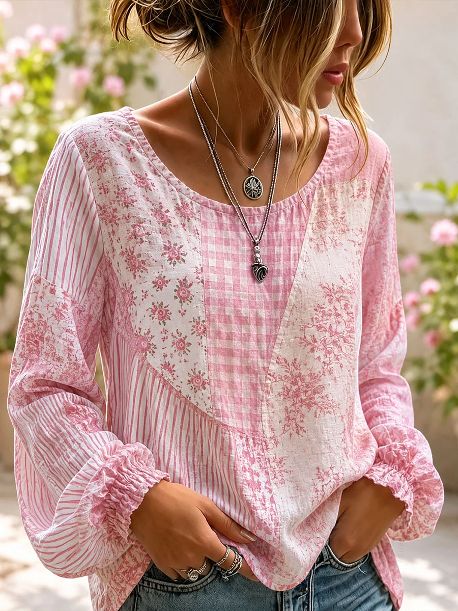 Women'S Pink Floral Patchwork Art Cotton Linen Shirt