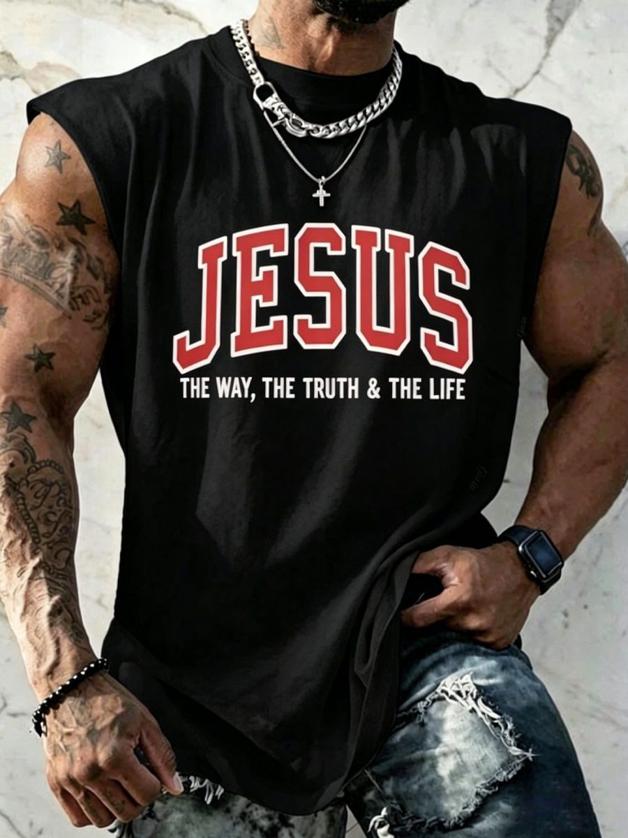 Retro Jesus Print Men'S Casual Print Crew Neck Vest