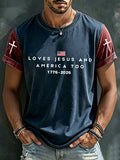 Men's Faith Family Freedom Distressed American Flag Cross Crew Neck Casual Short Sleeve Patriotic T-Shirt