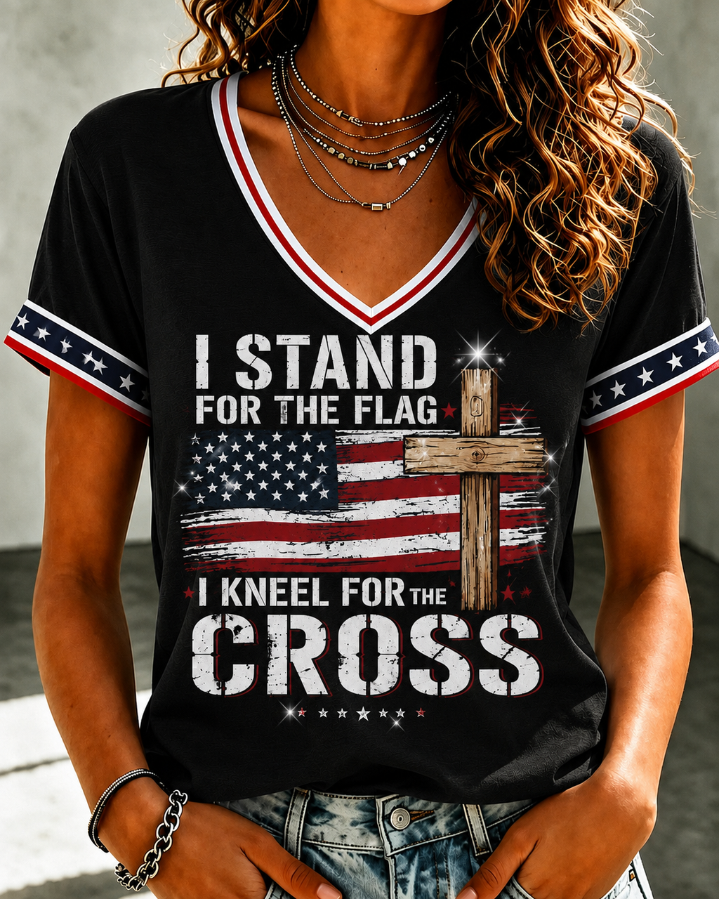 Women'S Belief Cross Flag Print Casual V-Neck Top