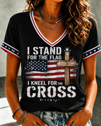 Women'S Belief Cross Flag Print Casual V-Neck Top