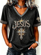 Ladies' Faith Cross Pattern V-Neck Top