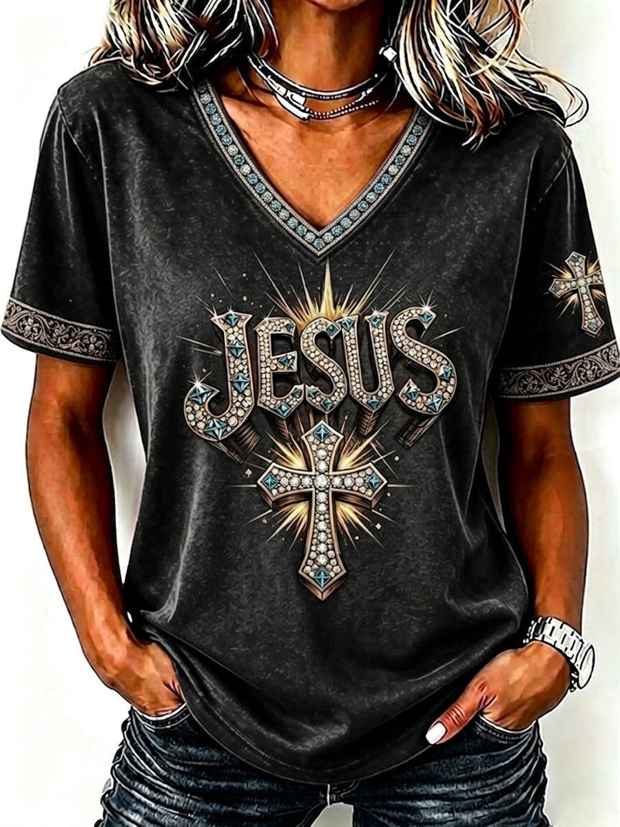 Ladies' Faith Cross Pattern V-Neck Top