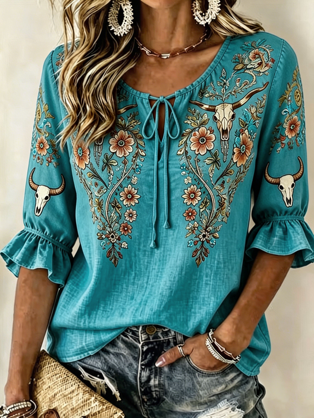 Women's Cow Skull Floral Embroidery Tie Neck Ruffle Western Blouse