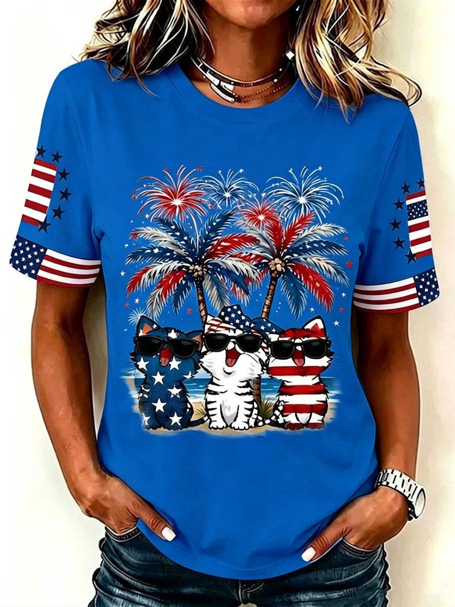 Women'S Casual Cat Faith-Print T-Shirt For Independence Day