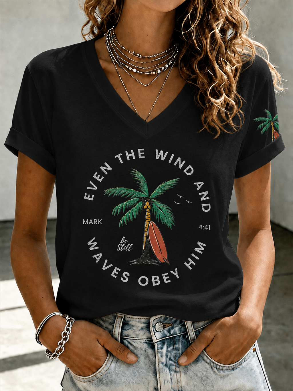 Women'S ���Even The Wind And Waves Obey Him��� Print V-Neck T-Shirt
