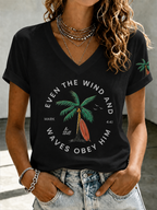Women'S ���Even The Wind And Waves Obey Him��� Print V-Neck T-Shirt