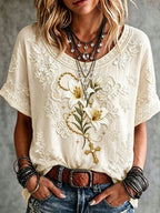 Women's Vintage Lily Flower Cross Art Print Short-sleeved T-shirt