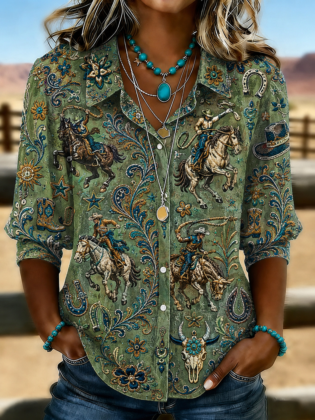 Women'S Vintage Denim Printed Shirt