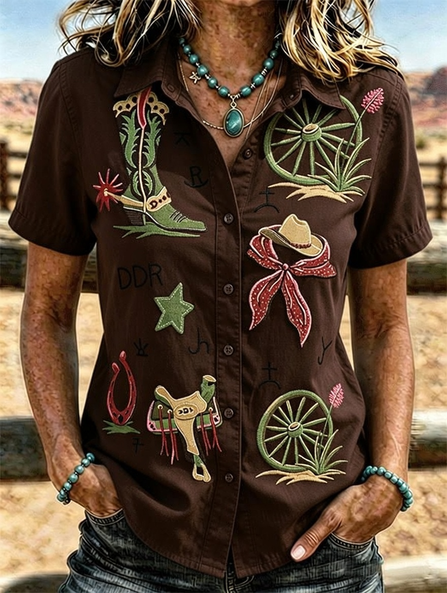 Cowboy Boot Horseshoe Embroidery Western Short Sleeve Shirt