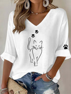 Cute Simple Pen Cat Print V-Neck
