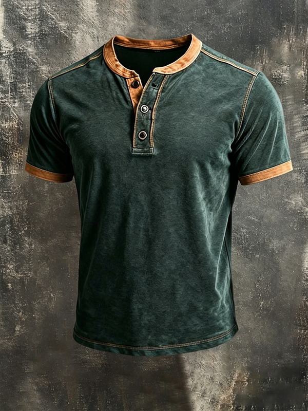Men'S Casual Washed Spliced Cotton And Linen Henry Button Top